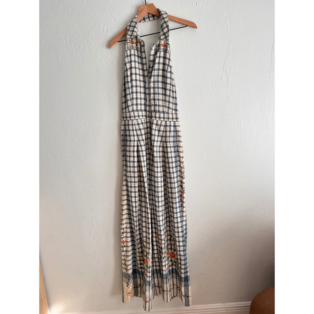 Anthropologie Picnic Wide Leg Jumpsuit Blue White Plaid Floral Embroidered 6 - Picture 2 of 6